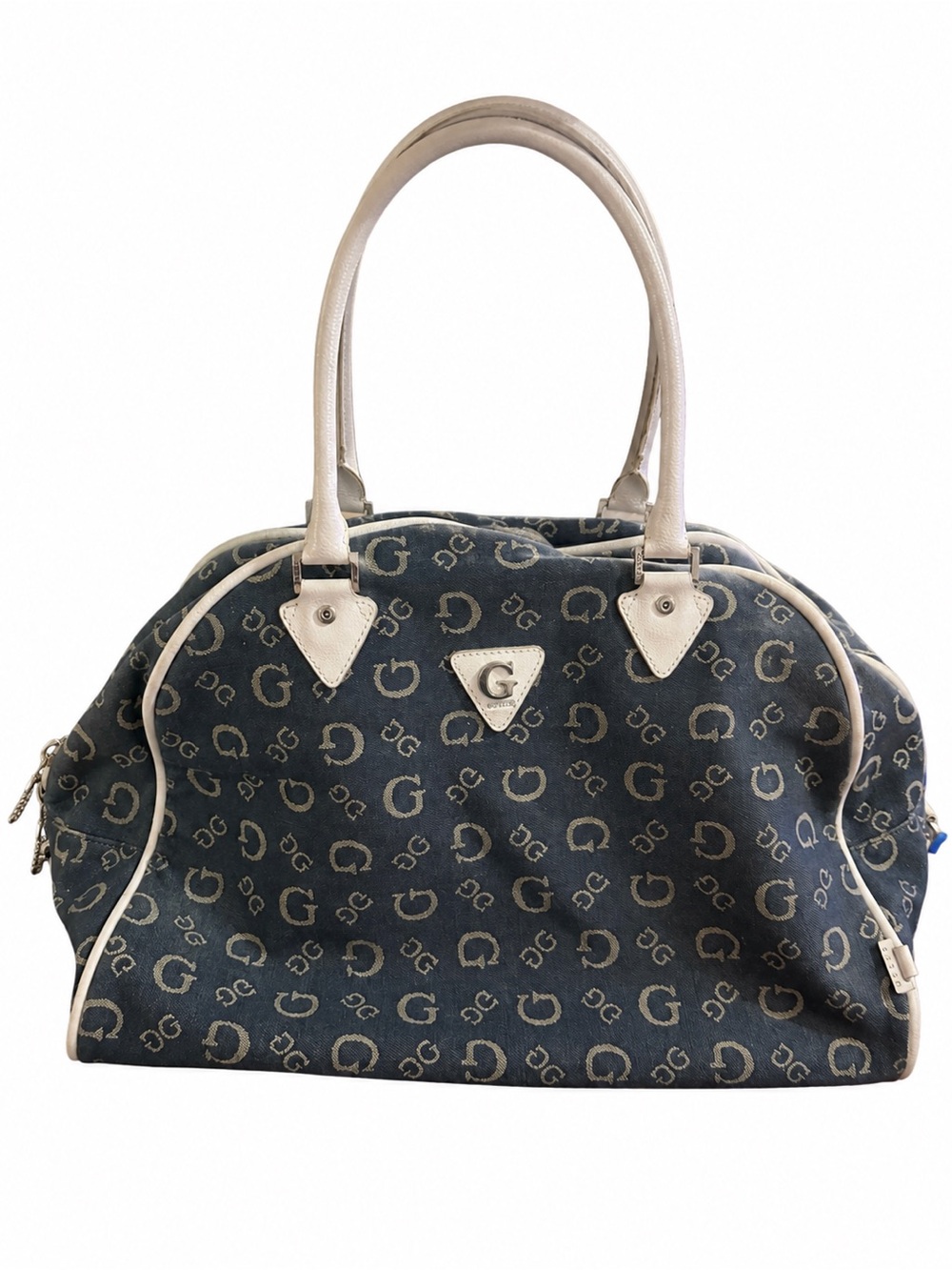GUESS Vintage Monogram Denim Overnight / Travel Bag – Blue & Cream